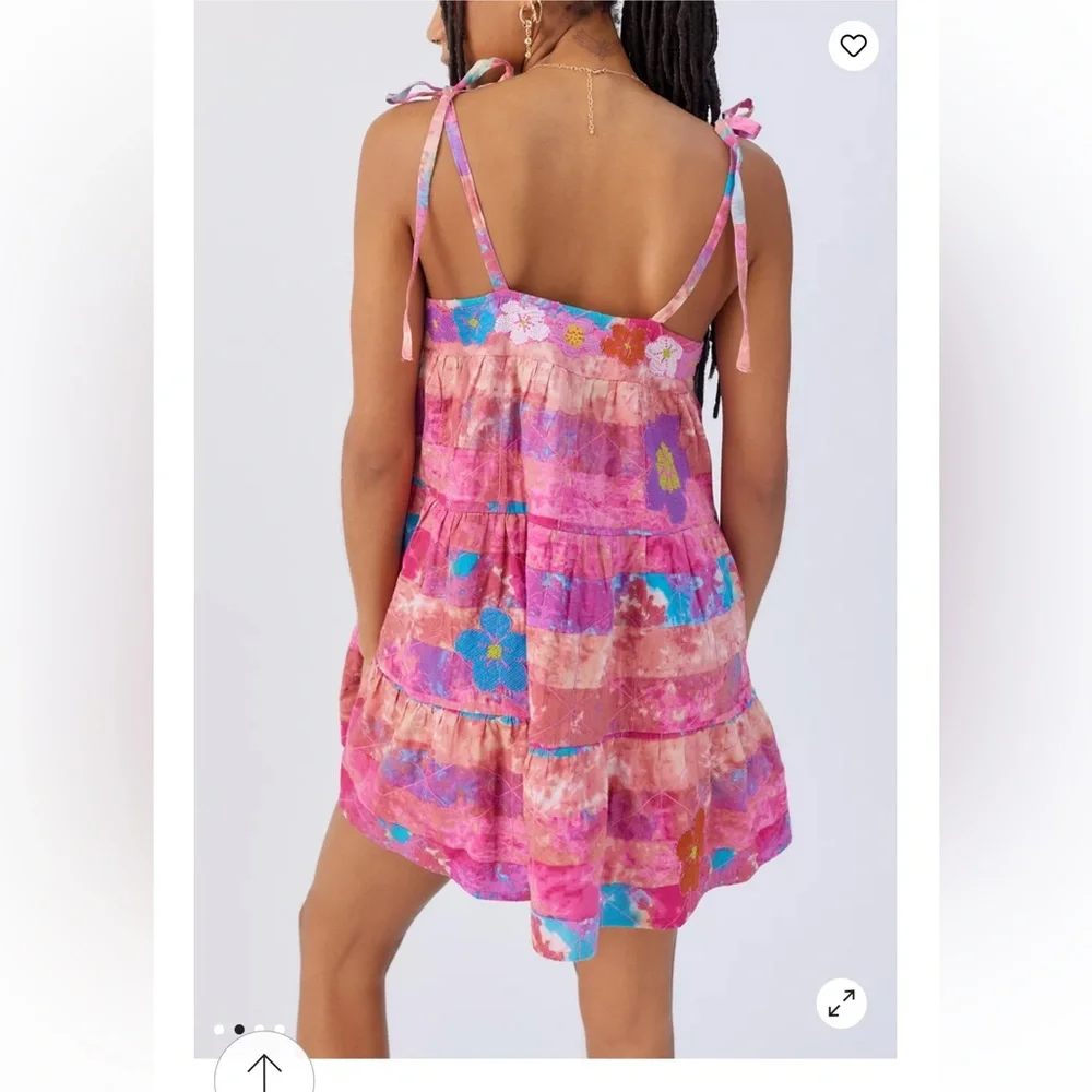 Kimchi Blue 100% Cotton Floral Boho Tiered Babydoll Mini Dress | Pink & Purple - Picture 3 of 7